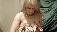 French Maid Slave Bound in Auto BDSM Session with Clamps and Candles