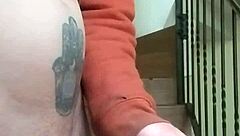 stroking my huge cock outdoors while neighbor chats on phone in the garage below