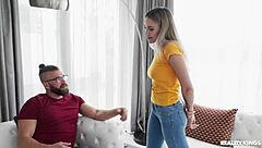 blonde athletic maid delivers wet handjob facial reality style