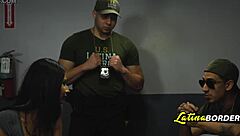 naughty latina brunette cutie with tattoo bent over in garage by stranger