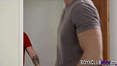 Gay trio engages in bareback handjob and blowjob action