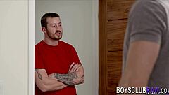 Gay trio engages in bareback handjob and blowjob action