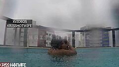 Cuckold fucks wife in outdoor pool while waiting for real men