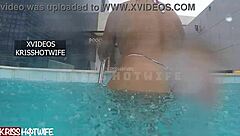 Cuckold fucks wife in outdoor pool while waiting for real men