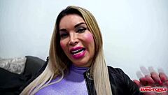 Euro transsexual Helena Luengos rips lingerie in solo striptease, masturbating intensely on camera