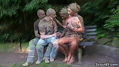 Stranger approaches MILF in the park for a chat.