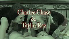 Charlee Chase enjoys two tongues on cock
