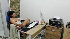 Lesbians kiss and masturbate pussies in office