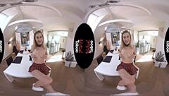 virtual taboo scene where a blonde chick gets off under her skirt in pov