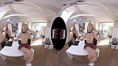 virtual taboo scene where a blonde chick gets off under her skirt in pov