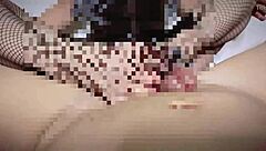 Wearing fishnet tights for a teasing footjob on big cock