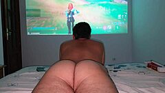 muscular bodybuilder spanks my big hairy ass while i play video games, slapping the tanned skin hard
