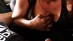 A Latina BBW performs deepthroat in public outdoors by the car