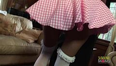 Cute blonde says, 'spank me, old dude' while blowing