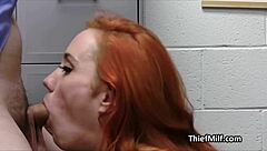 Redhead milf caught stealing, then gives intense blowjob at office