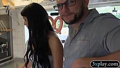 Busty brunette shemale in reality show