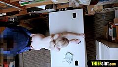 Skinny shoplifter chick gets punished and fucked by a mall cop in the back room