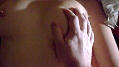 Teen sucks shaved cock, cumming on tits in bed scene.