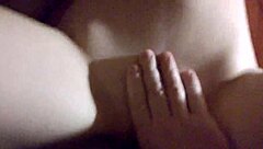 Teen sucks shaved cock, cumming on tits in bed scene.