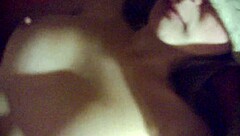 Teen sucks shaved cock, cumming on tits in bed scene.