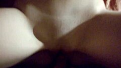 Teen sucks shaved cock, cumming on tits in bed scene.