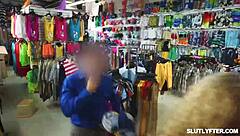 Security guard mike continues a thorough cavity search with shoplifter mazy myers at the shop