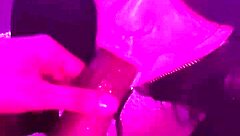 Leashed shemale slut in garage sucking cock deepthroat, blowjob makes him cum balls deep