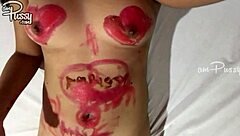 Amateur Asian Girl Paints Naked Body With Lipsticks