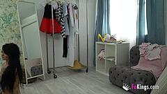 Dirty brunette babe teases photographer with sexy cowgirl moves at photoshoot.