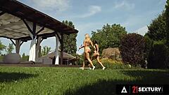 Two horny lesbians lick pussies under the sun!