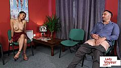 asian voyeur in shoes teases british guy jerking off at work office