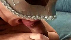 couple engages in handjob and blowjob, leading to cum on cock