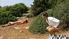 Trashy chick peeing on guy's face in wild outdoors