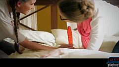 Watch these hard body lesbian chicks lick pussy before dildo fucking.