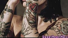 Tattooed Lesbian Milf Fingered in Shower