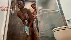 ebony slut bends over in shower
