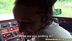 Stranded Czech hitchhiker with pierced pussy slammed in public car