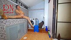 Housewife Dominated in Laundry with Washing Machine Pussy Licking