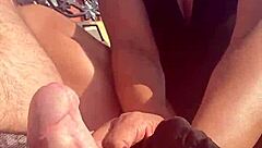 Fingering Pussy on Public Bench While Stroking Master's Cock!