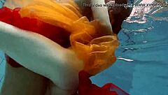 Krasula Fedorchuk and Liza Rachinska dive into underwater lesbian passion in the pool.