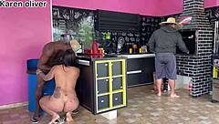 Woman caught cheating with boyfriend while husband grills outside. She rides him hard in the living room.