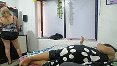 Latina amateurs lick pussy and tits in taboo lesbian scene, cumming on each other.