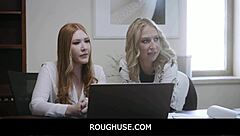 in the office, a teen 18+ gets roughused in a freeuse threesome with her milf coworker and boss, harper red and quinn waters