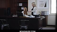 in the office, a teen 18+ gets roughused in a freeuse threesome with her milf coworker and boss, harper red and quinn waters