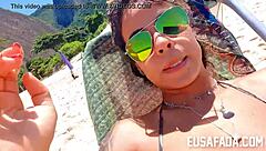 Brazilian amateurs expose natural tits and pussies on beach for public fucking
