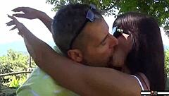 Horny Brunette Sucks Cock Outdoors in Doggystyle and Gets Facial