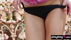 Big titted babe strips hot in garden