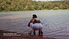 Beach milf shows off in transparent leggings.