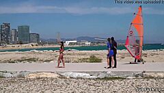 nude spanish beauty strolled along the beach, exposed and free