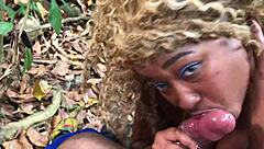 Nina Rivera deepthroats curvy blowjob by the riverside